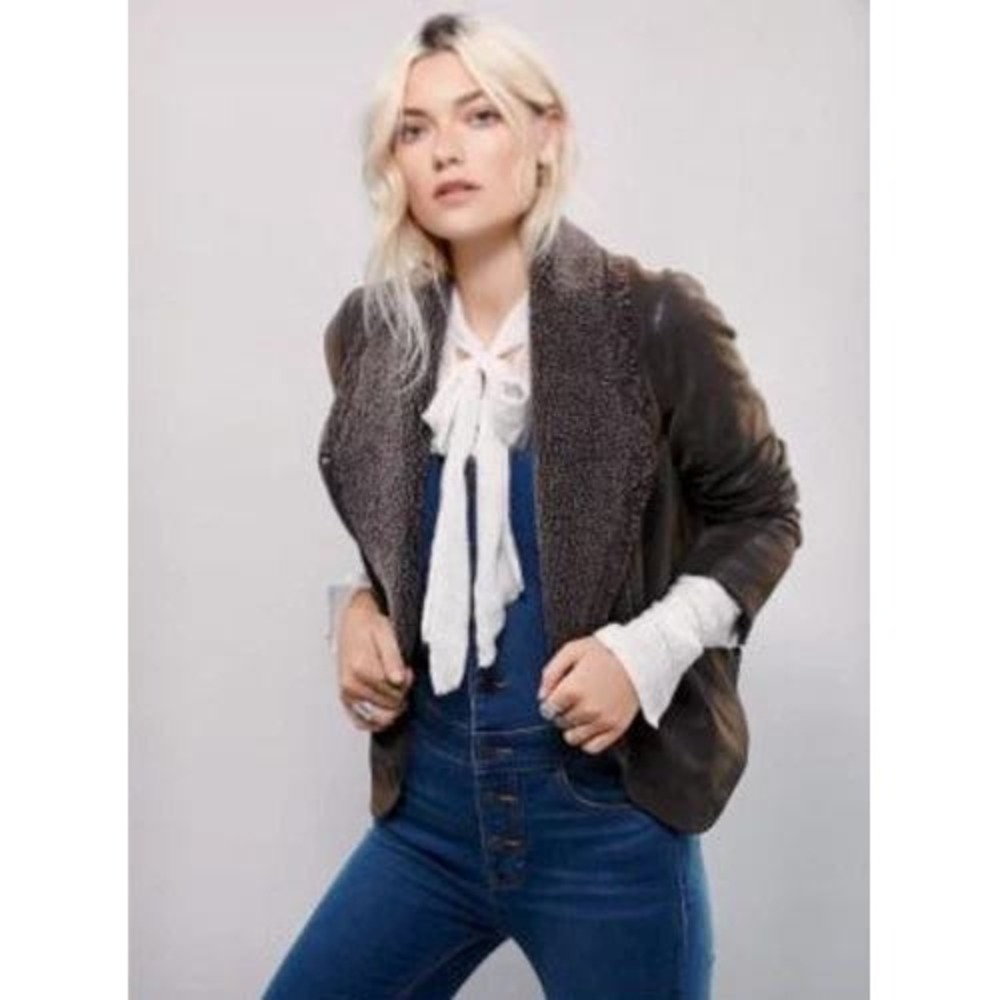 Free People Women's Brown Faux‎ Leather Sherpa Collar Moto Biker Jacket